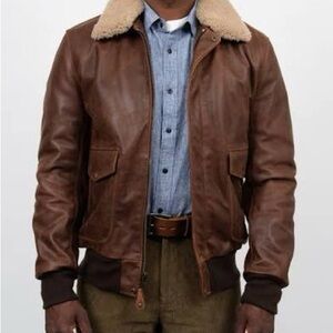 Schott NYC Brown Leather Bomber with Cream Shearling Collar